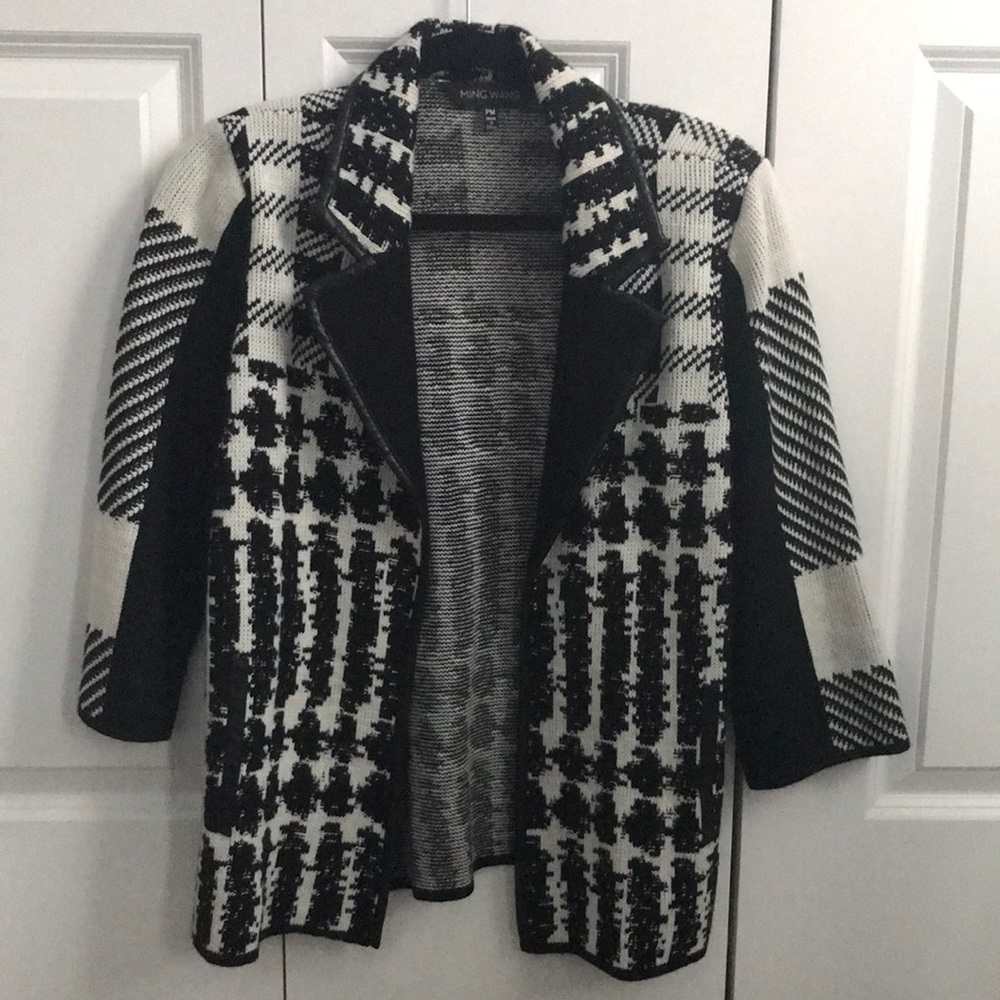 Ming Wang Women’s Petite M Structured Sweater Jacket, Faux Leather - Picture 1 of 5
